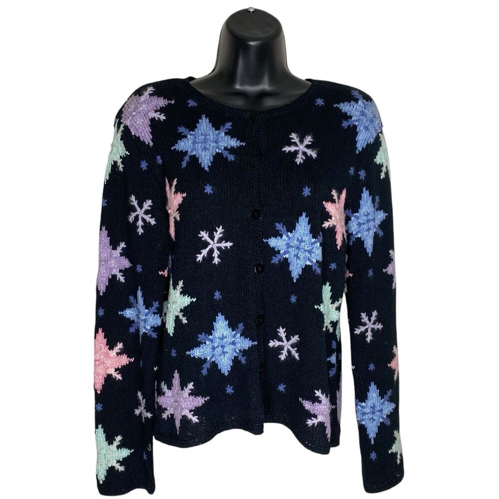 Vtg Talbots Cardigan Sweater Small Petite Holiday Snowflake Grandma Cottagecore